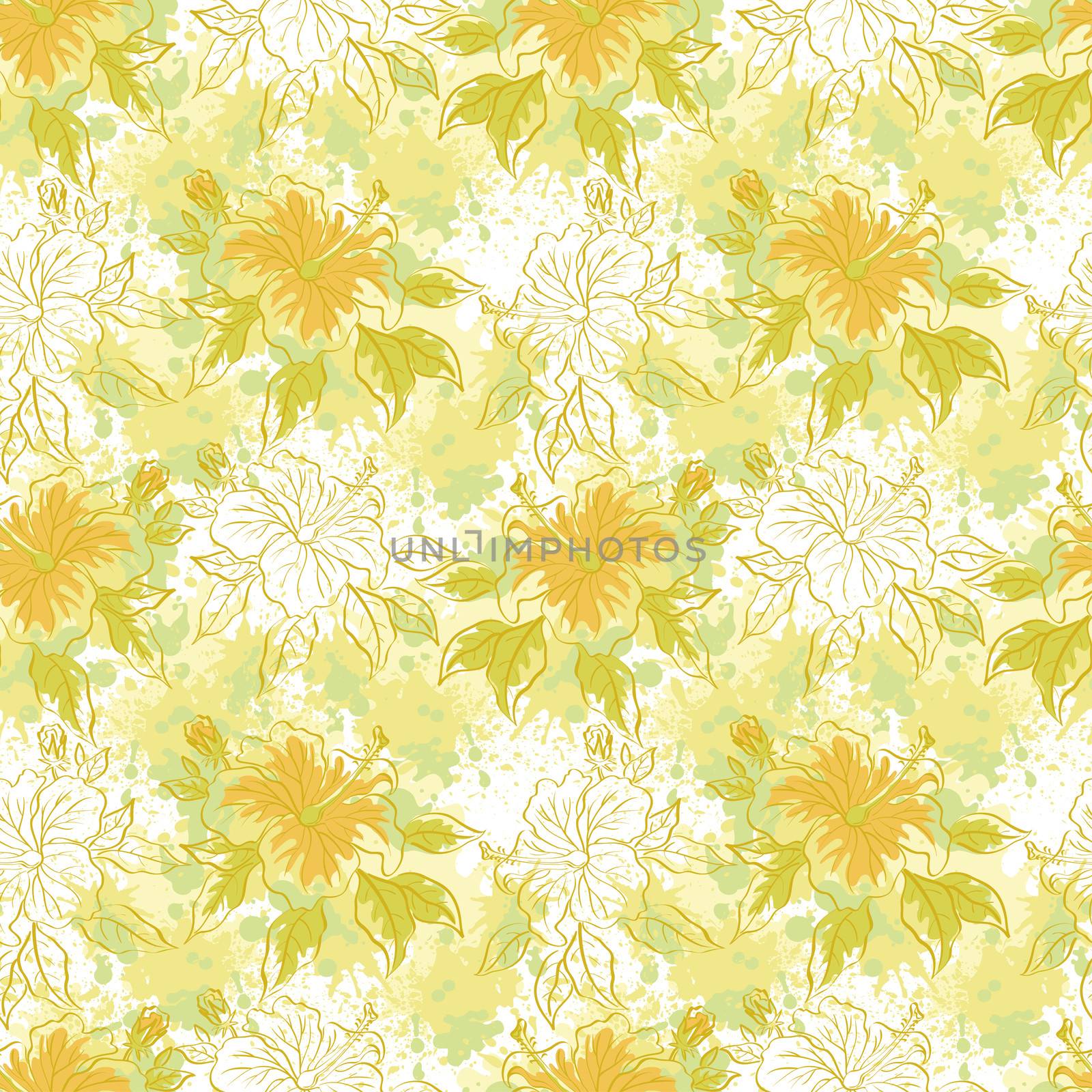 Seamless floral background, hibiscus flowers and leaves and abstract pattern.