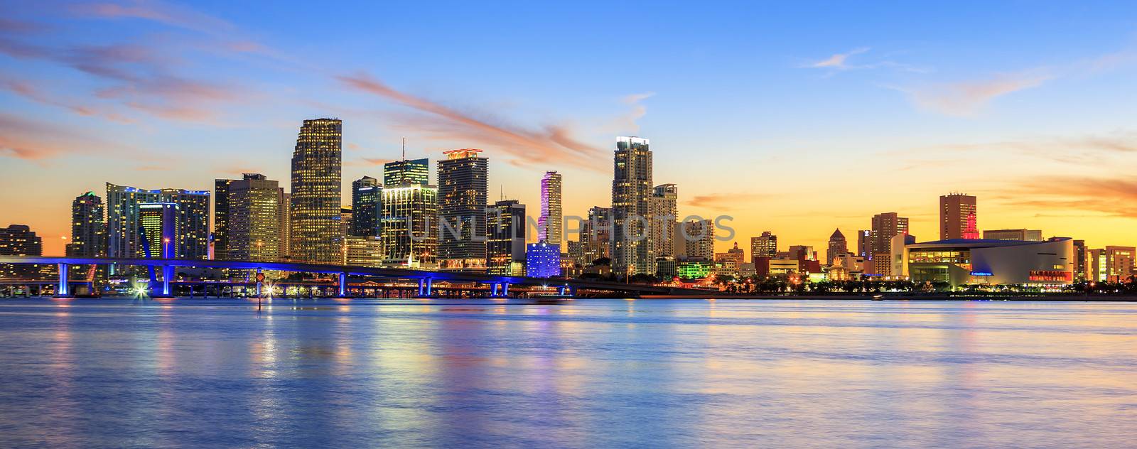 sunset  with business and residential buildings, Miami, panoramic view, USA