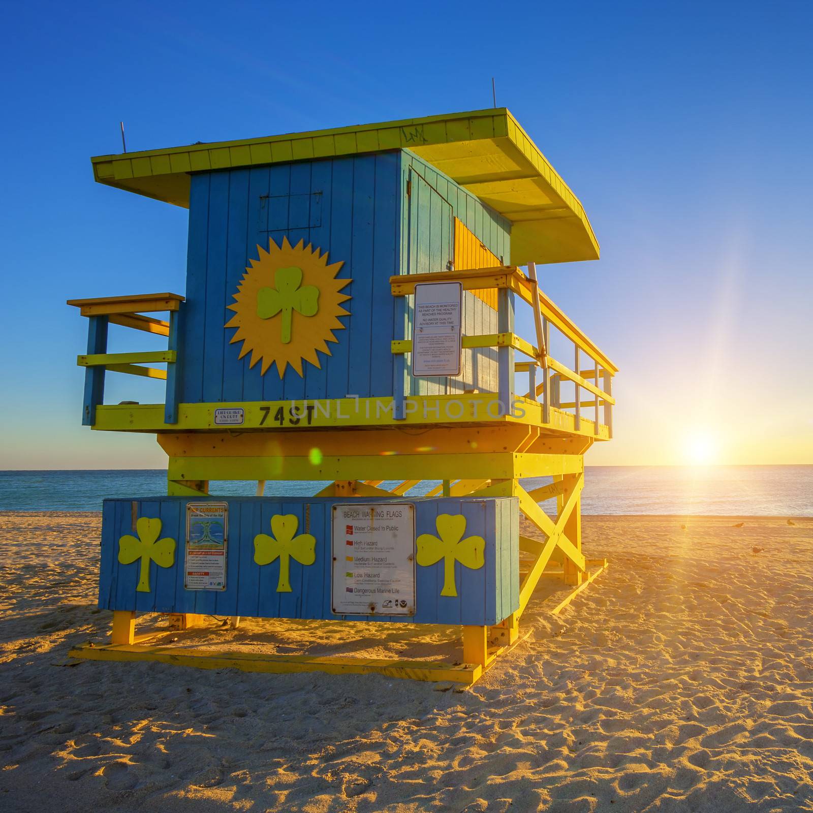 Miami South Beach sunrise with lifeguard tower, USA
