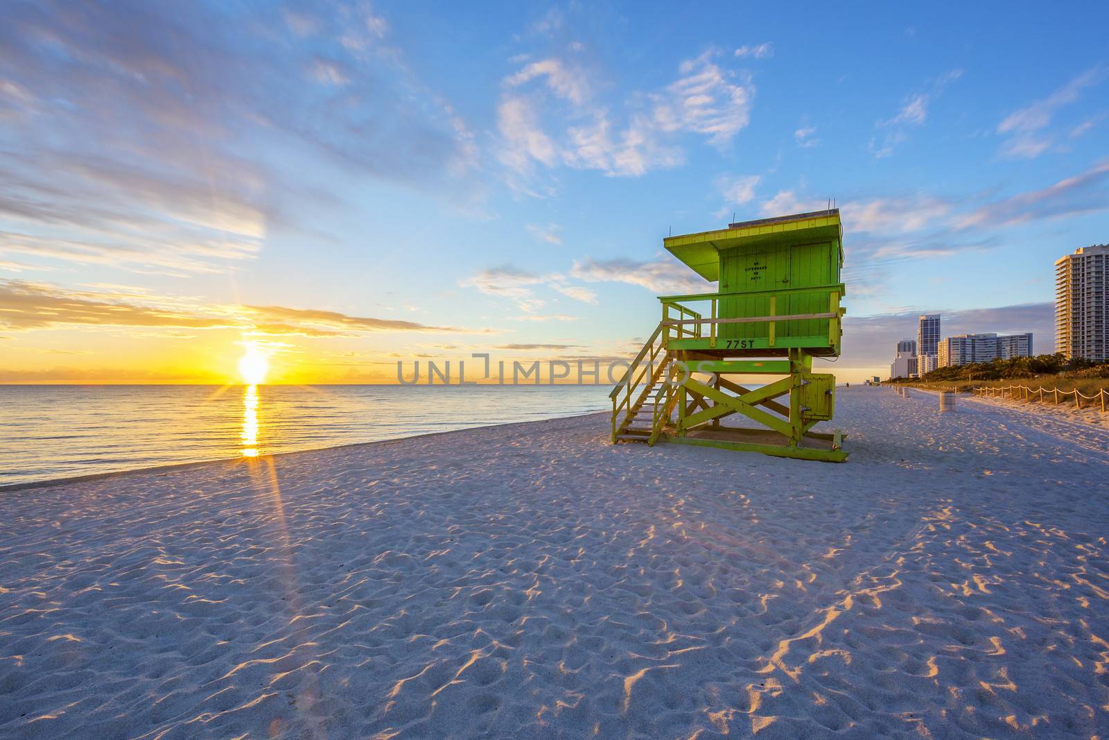 Famous Miami South Beach sunrise with lifeguard tower