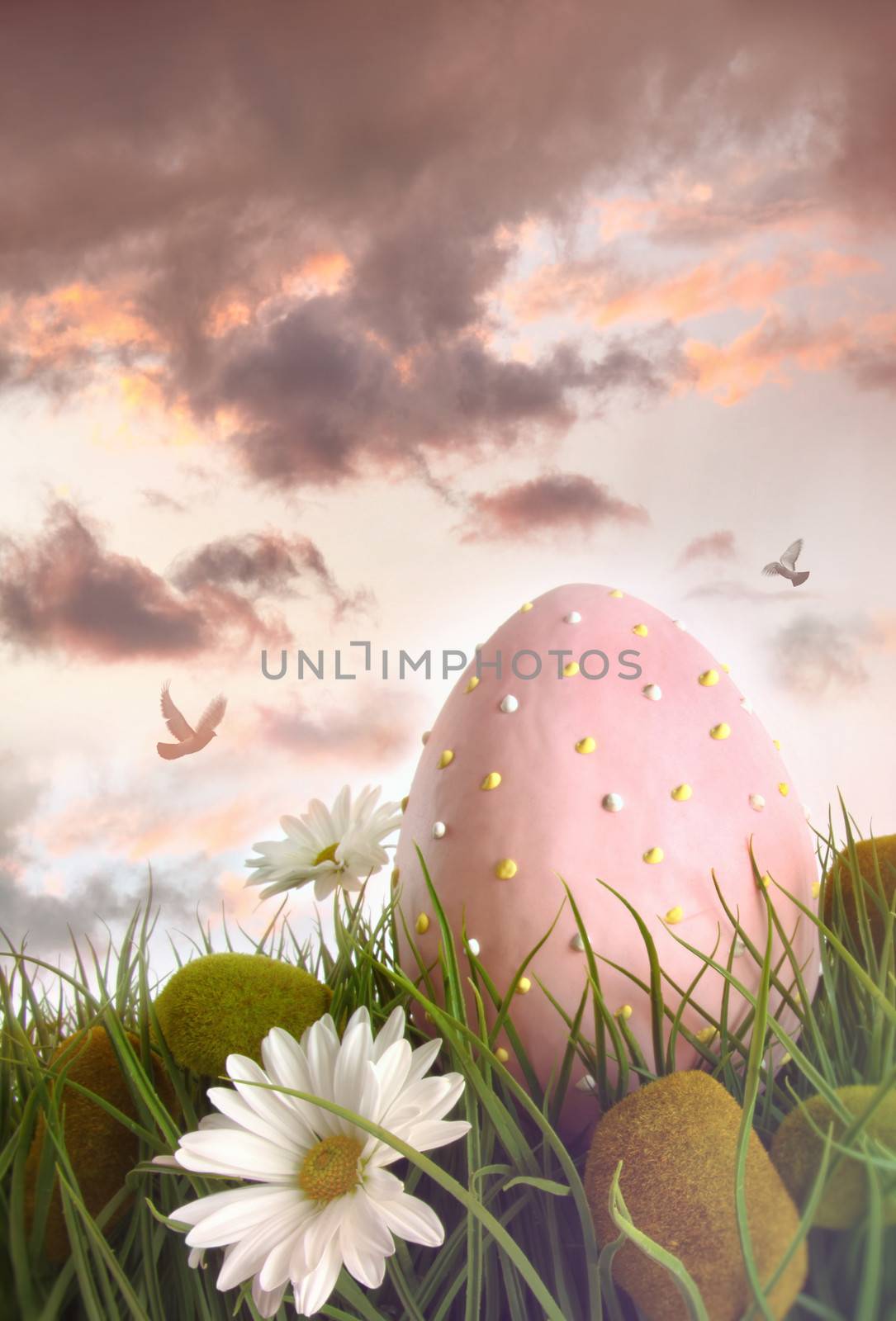 Large pink egg with daisies in tall grass 