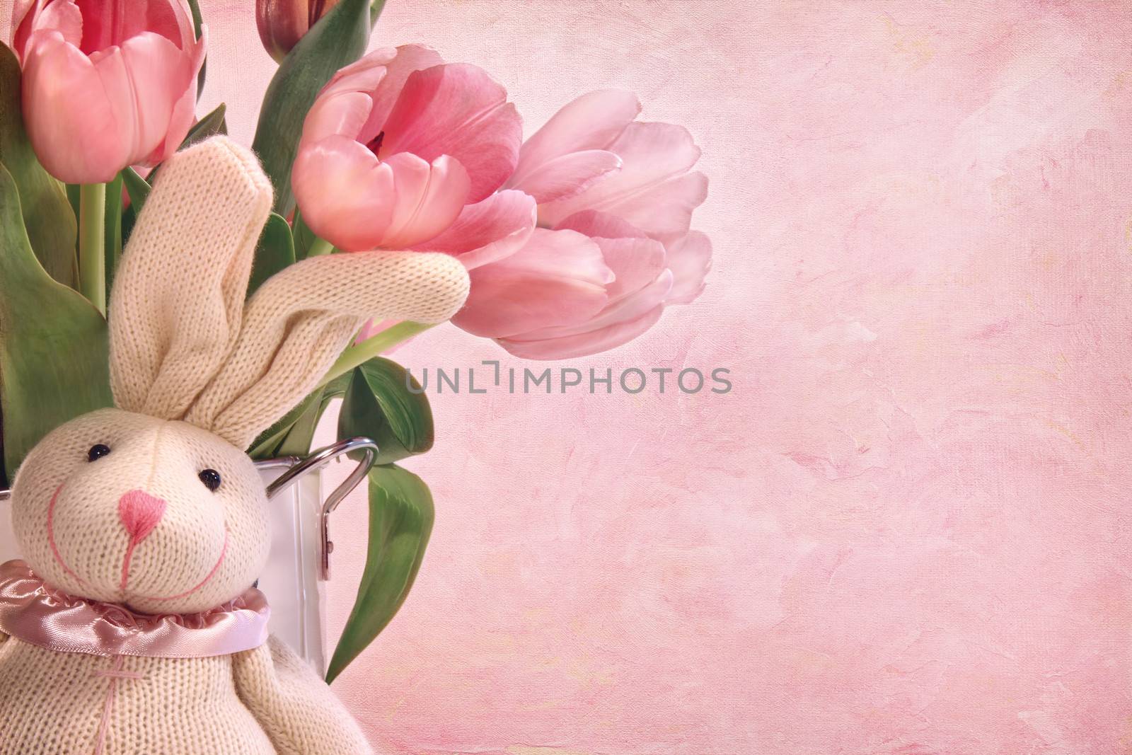 Easter bunny and pink tulips  by Sandralise