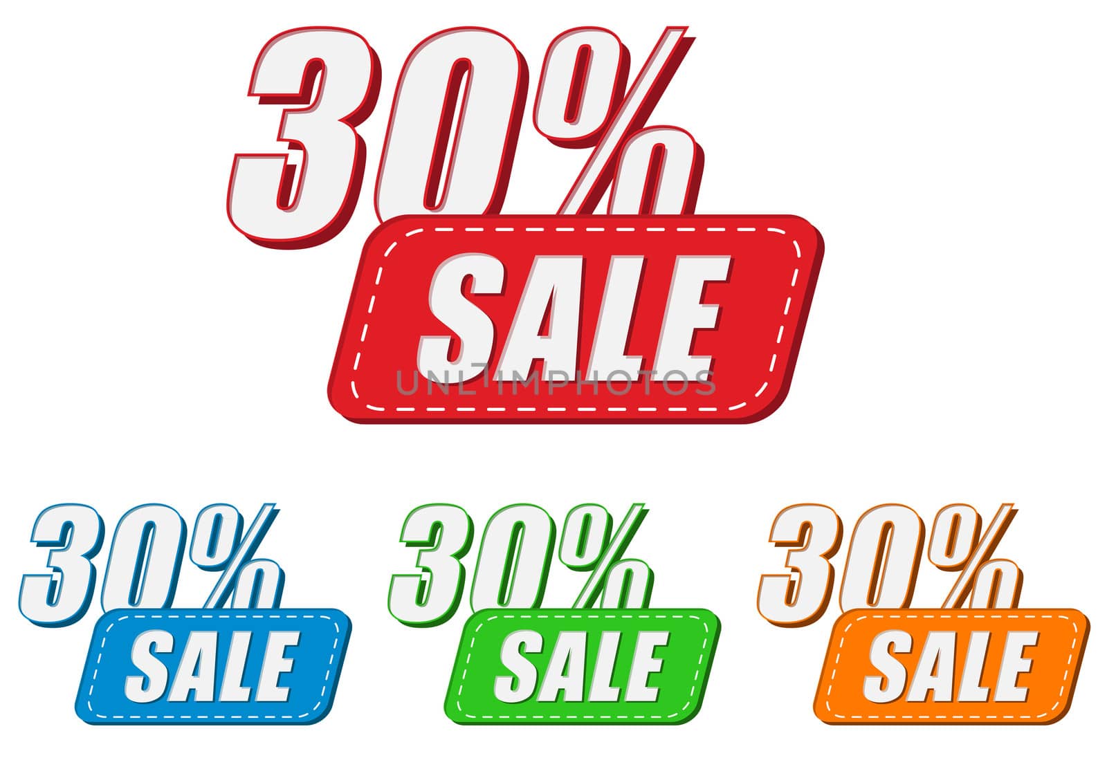 30 percentages sale, four colors labels, flat design, business shopping concept