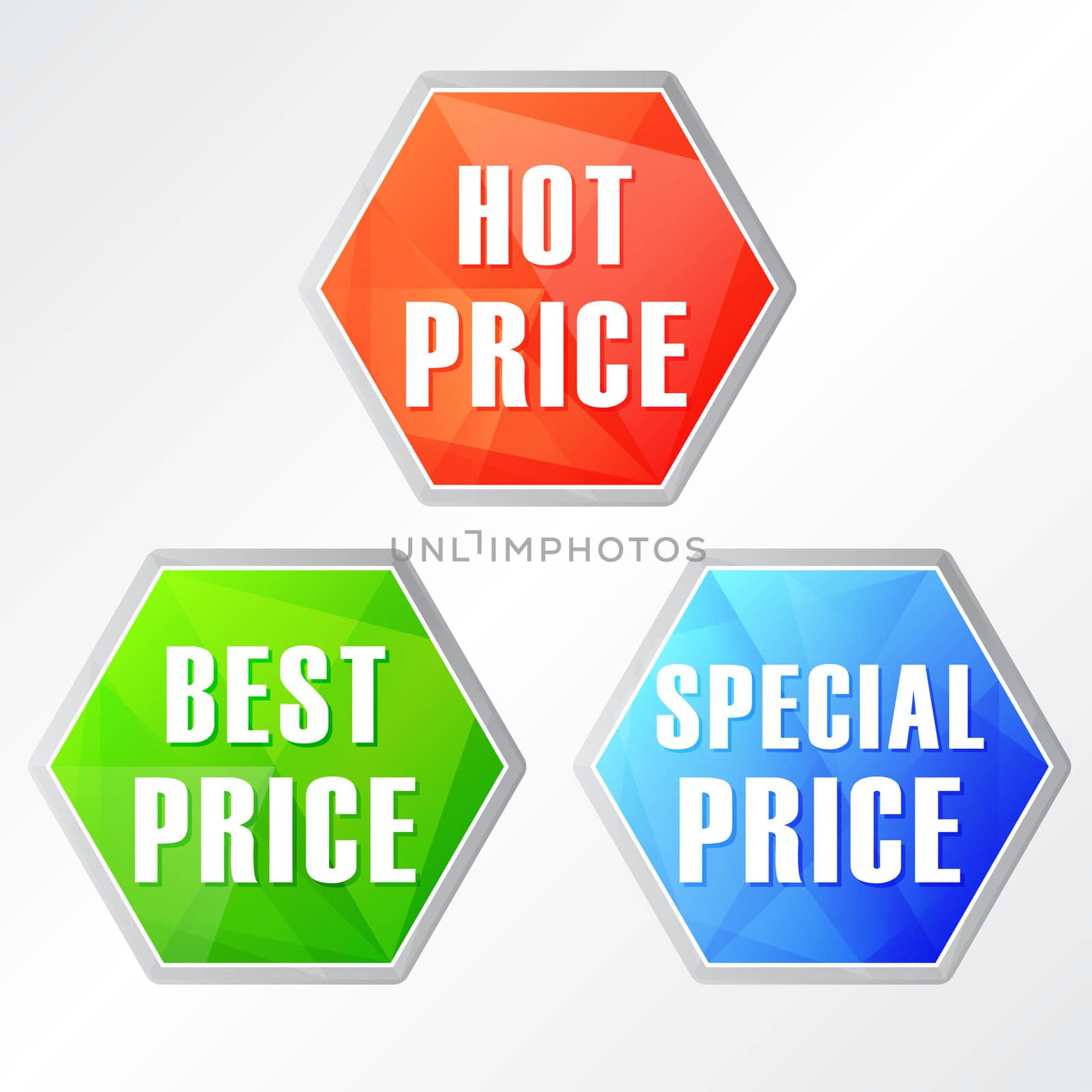 hot, best, special price, three colors hexagons labels, flat design, business shopping concept