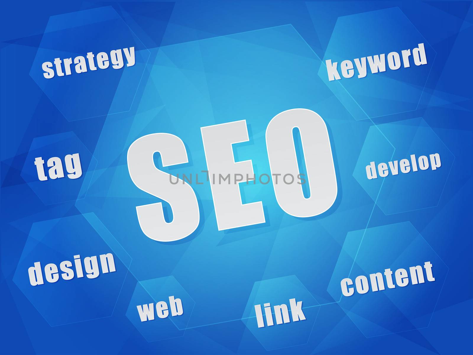 SEO and business concept words in hexagons by marinini