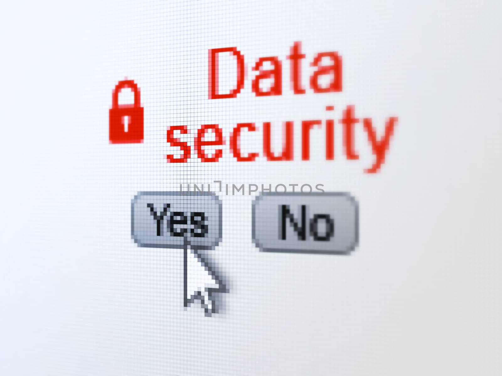 Safety concept: buttons yes and no with pixelated Closed Padlock icon, word Data Security and Arrow cursor on digital computer screen, selected focus 3d render