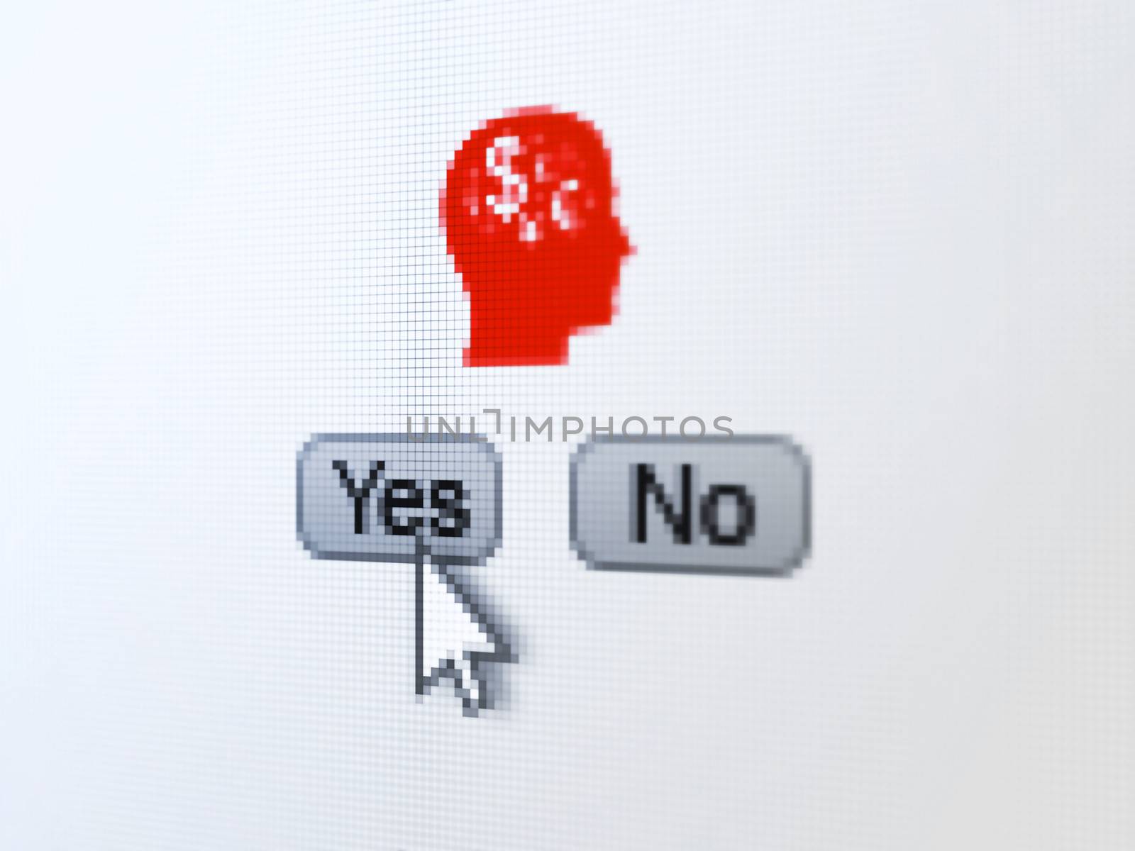 Education concept: buttons yes and no with pixelated Head With Finance Symbol icon and Arrow cursor on digital computer screen, selected focus 3d render