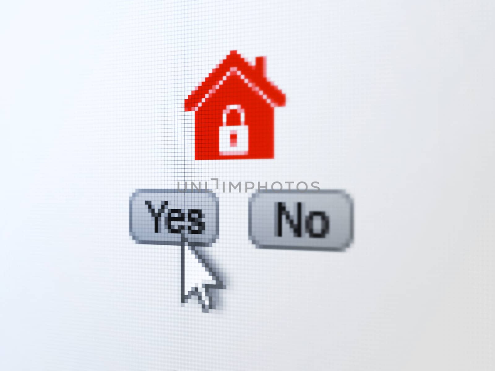 Business concept: buttons yes and no with pixelated Home icon and Arrow cursor on digital computer screen, selected focus 3d render