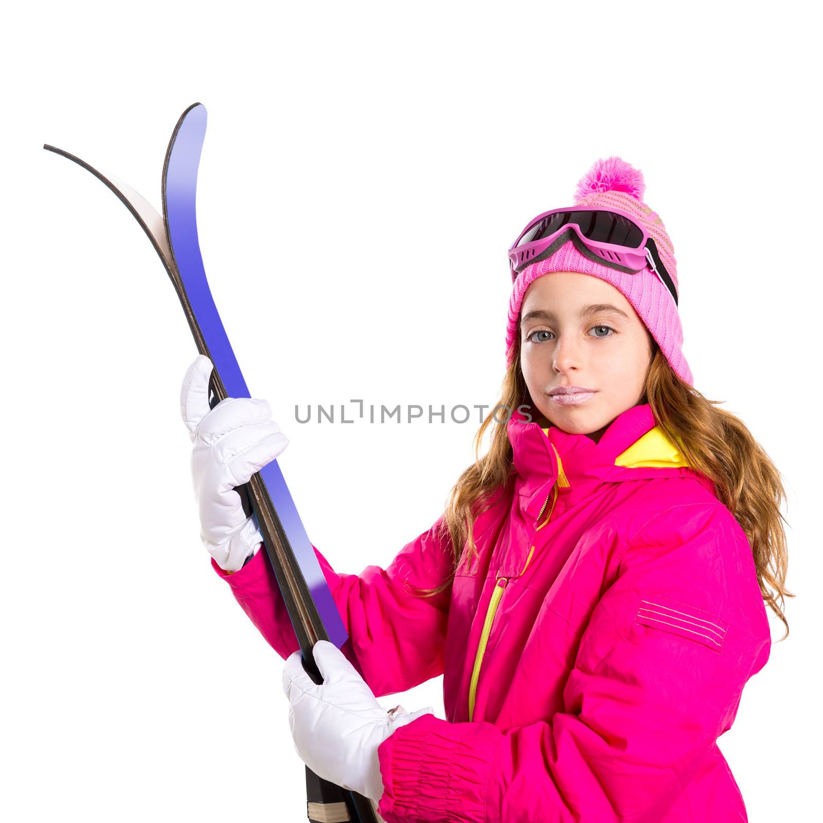 Kid girl ski with snow equipment goggles and winter hat by lunamarina