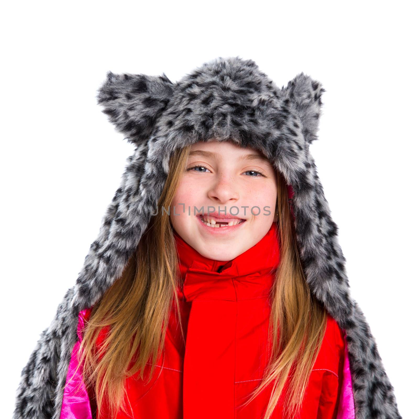 blond kid girl with winter gray feline fur scarf hat in white background