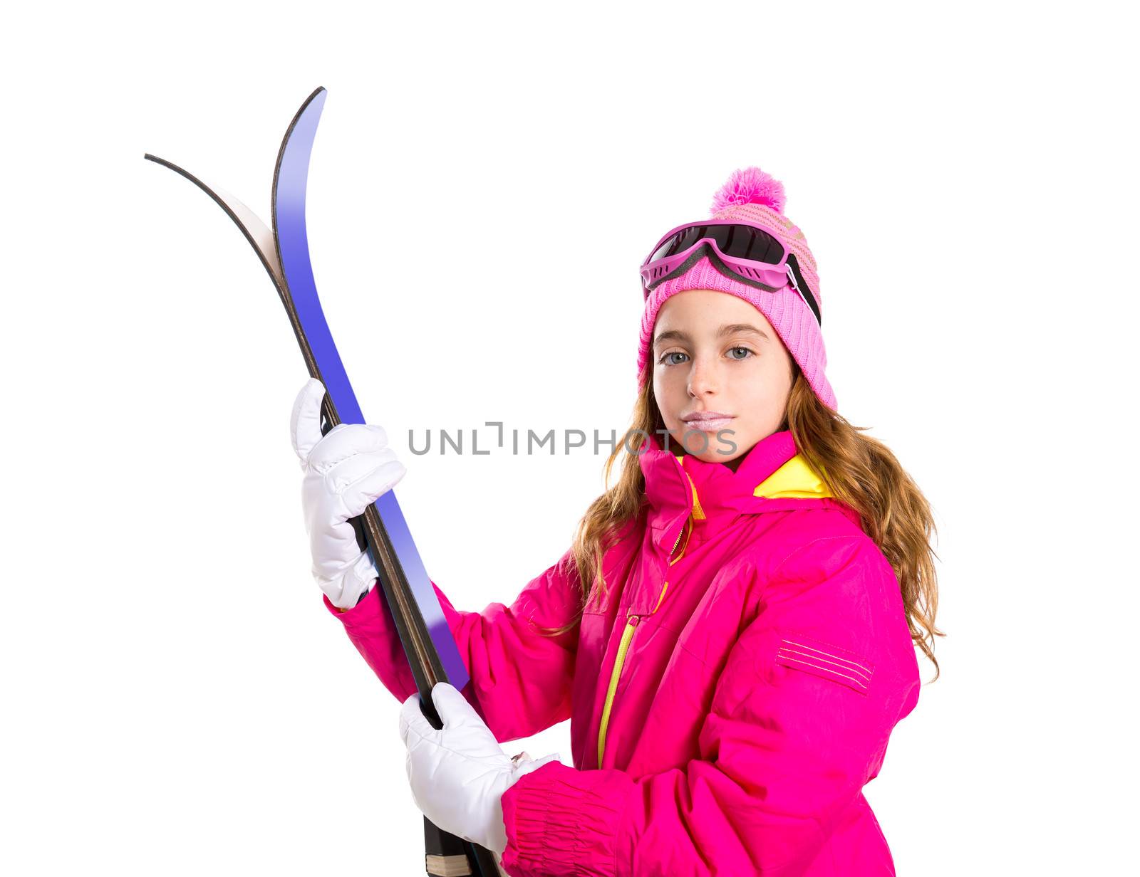 Kid girl ski with snow equipment goggles and winter hat by lunamarina