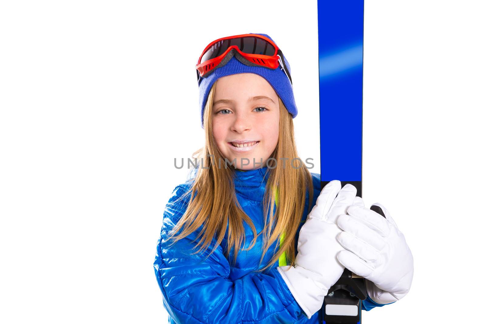 Kid girl ski with snow goggles and winter hat by lunamarina