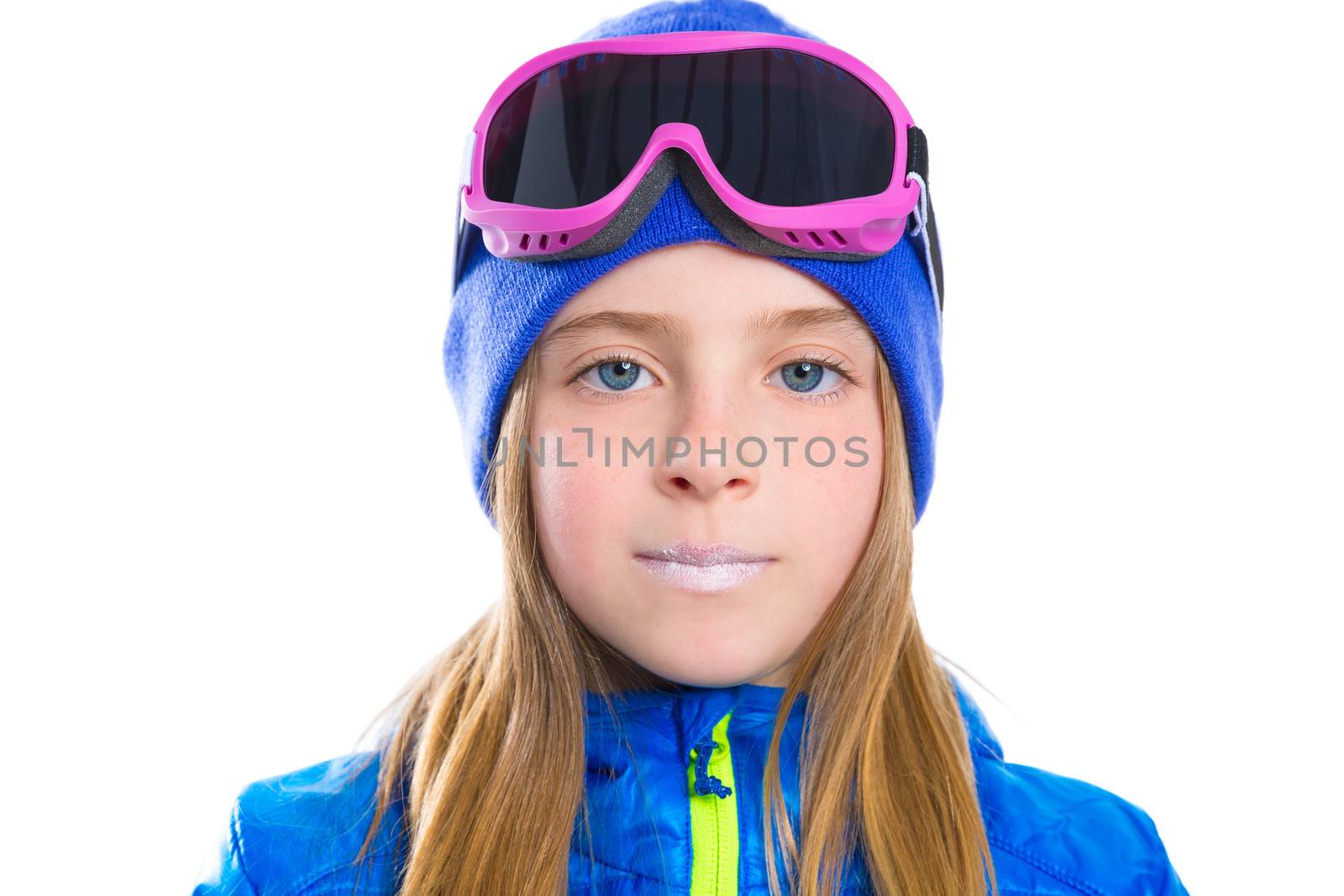 Blond kid girl winter portrait with ski snow goggles by lunamarina