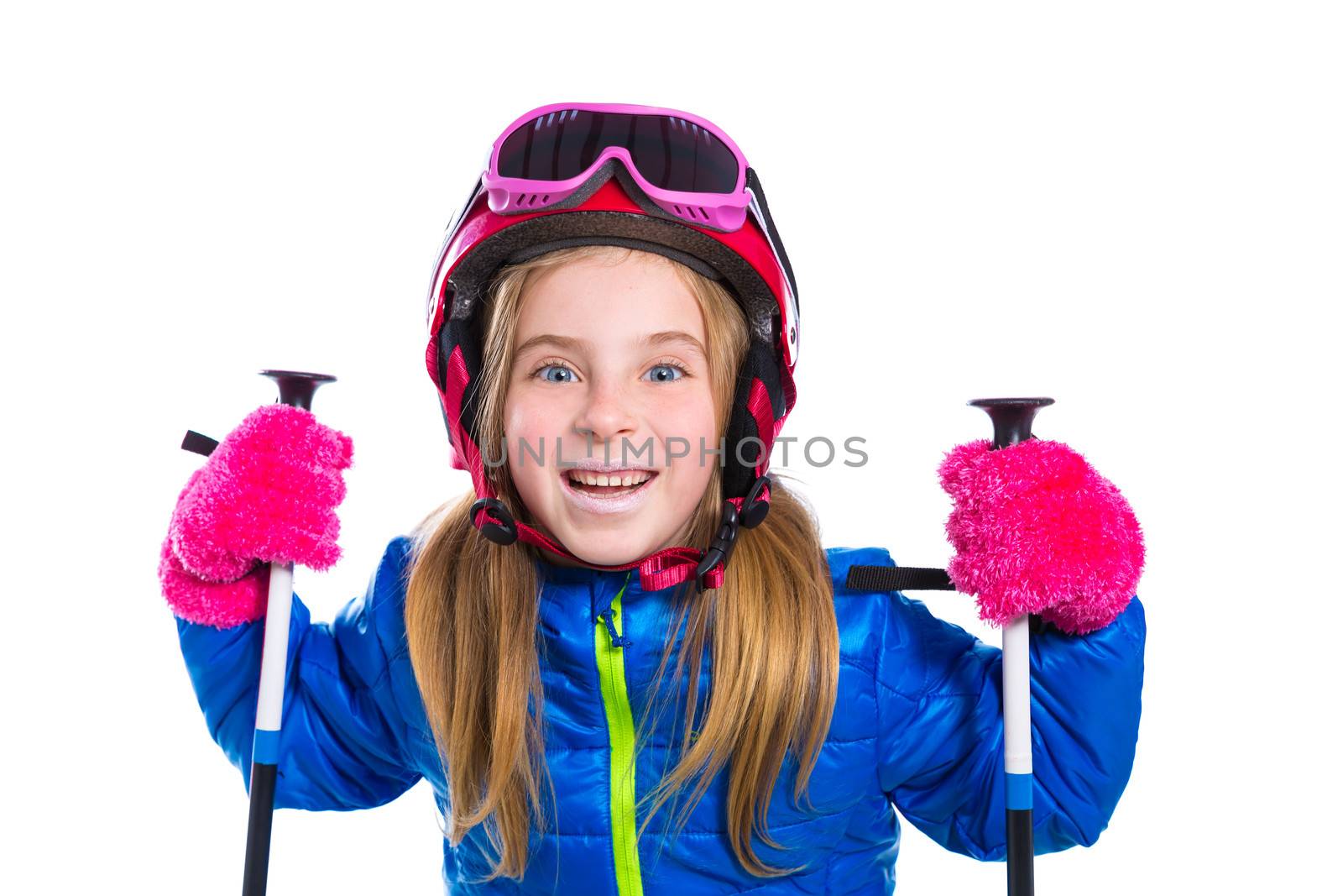 Blond kid girl happy going to snow with ski poles and helmet by lunamarina