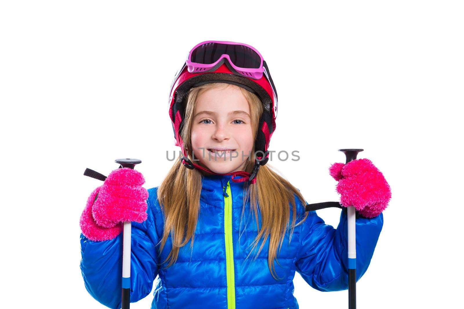 Blond kid girl happy going to snow with ski poles helmet and goggles