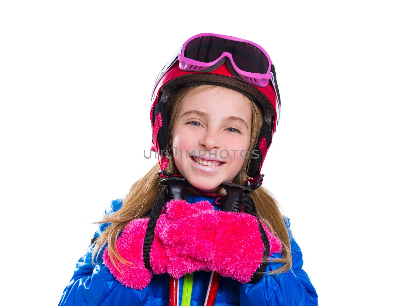 Blond kid girl happy going to snow with ski poles and helmet by lunamarina