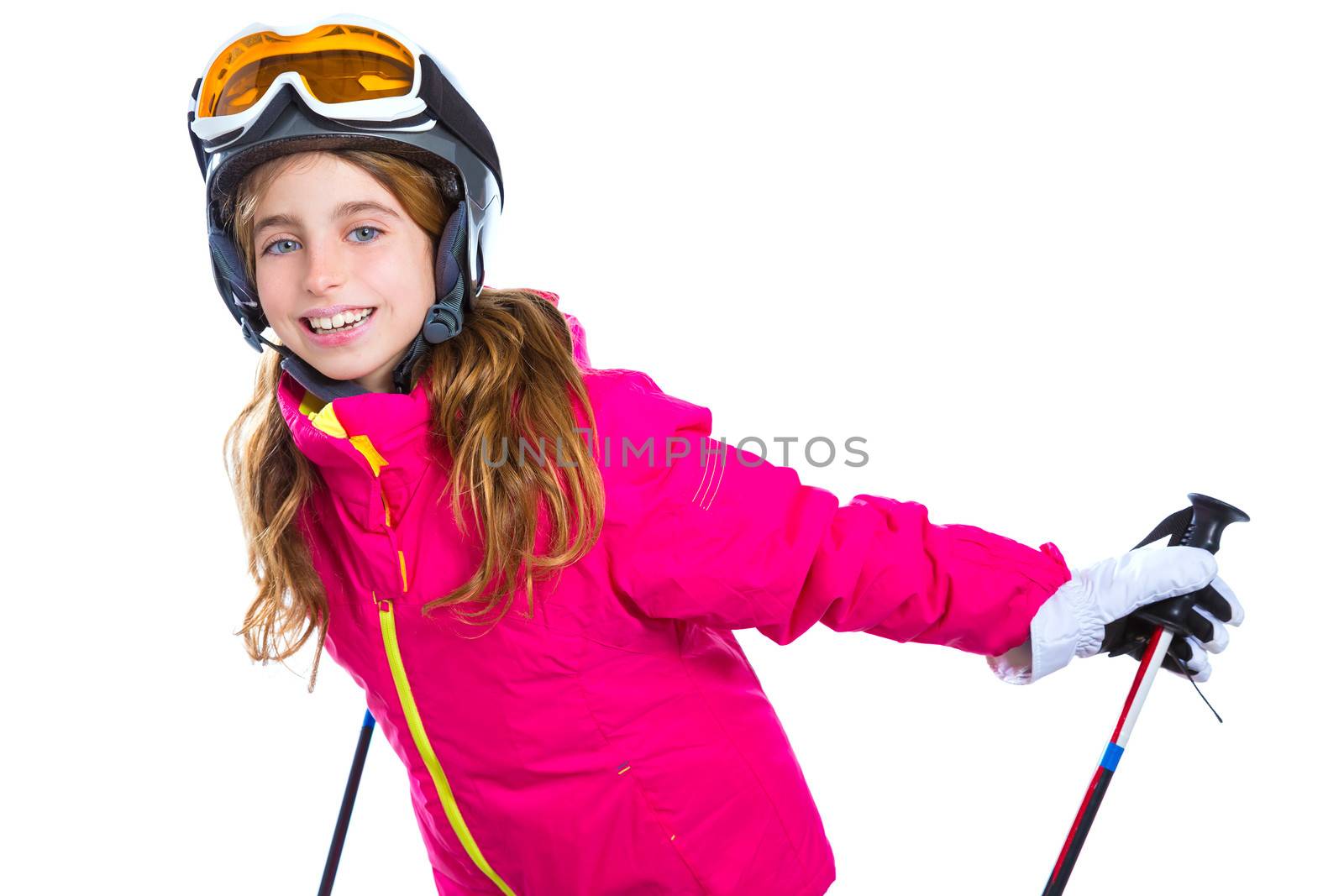 kid girl with ski poles helmet and goggles smiling on white background