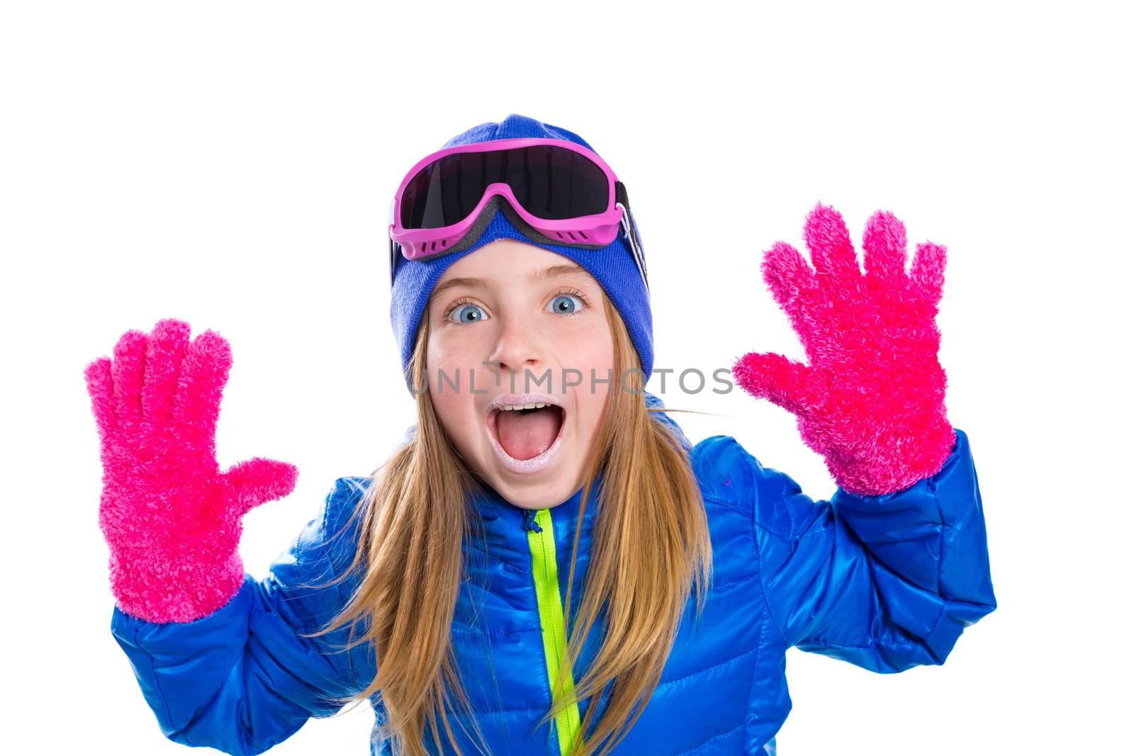 blond kid gir winter snow portrait with open hands by lunamarina