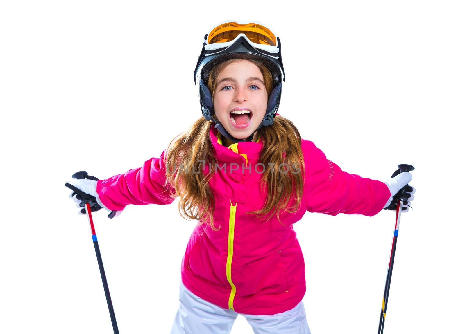 kid girl with ski poles helmet and goggles smiling on white by lunamarina