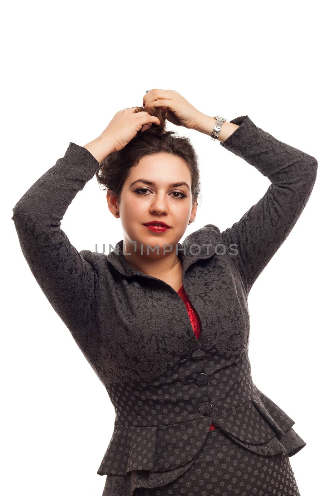 business woman aranging hair isolated over a white background