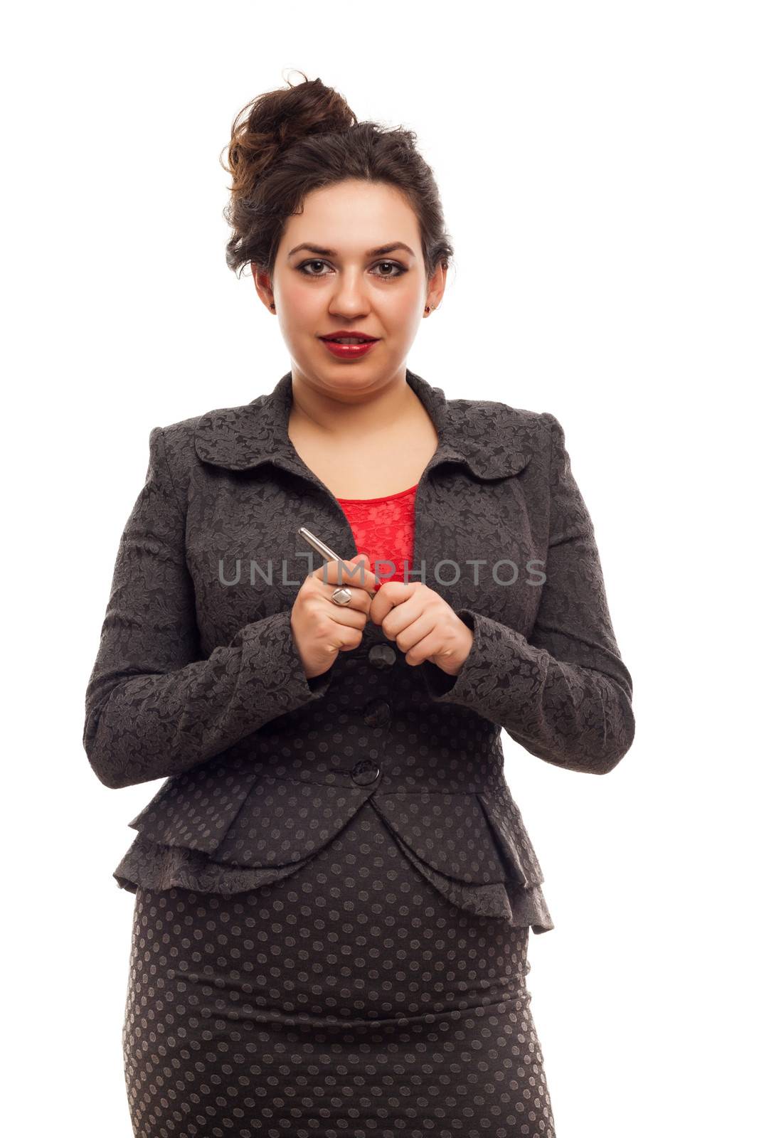 Confident business woman portrait with pen isolated over a white background
