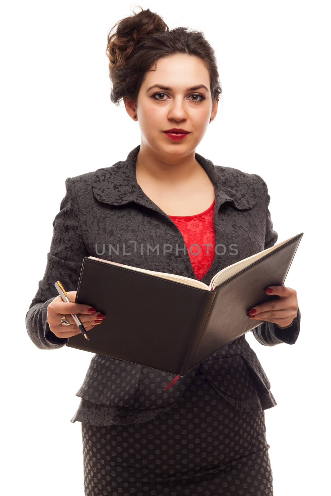 Confident business woman portrait  with notebook isolated over a white background