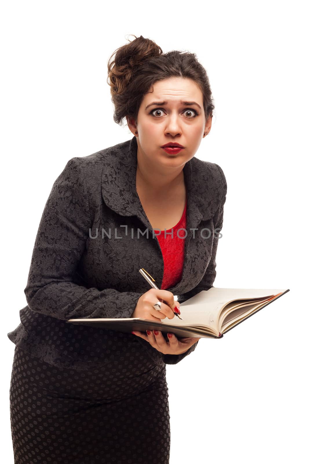 Confident business woman portrait  with notebook isolated over a white background