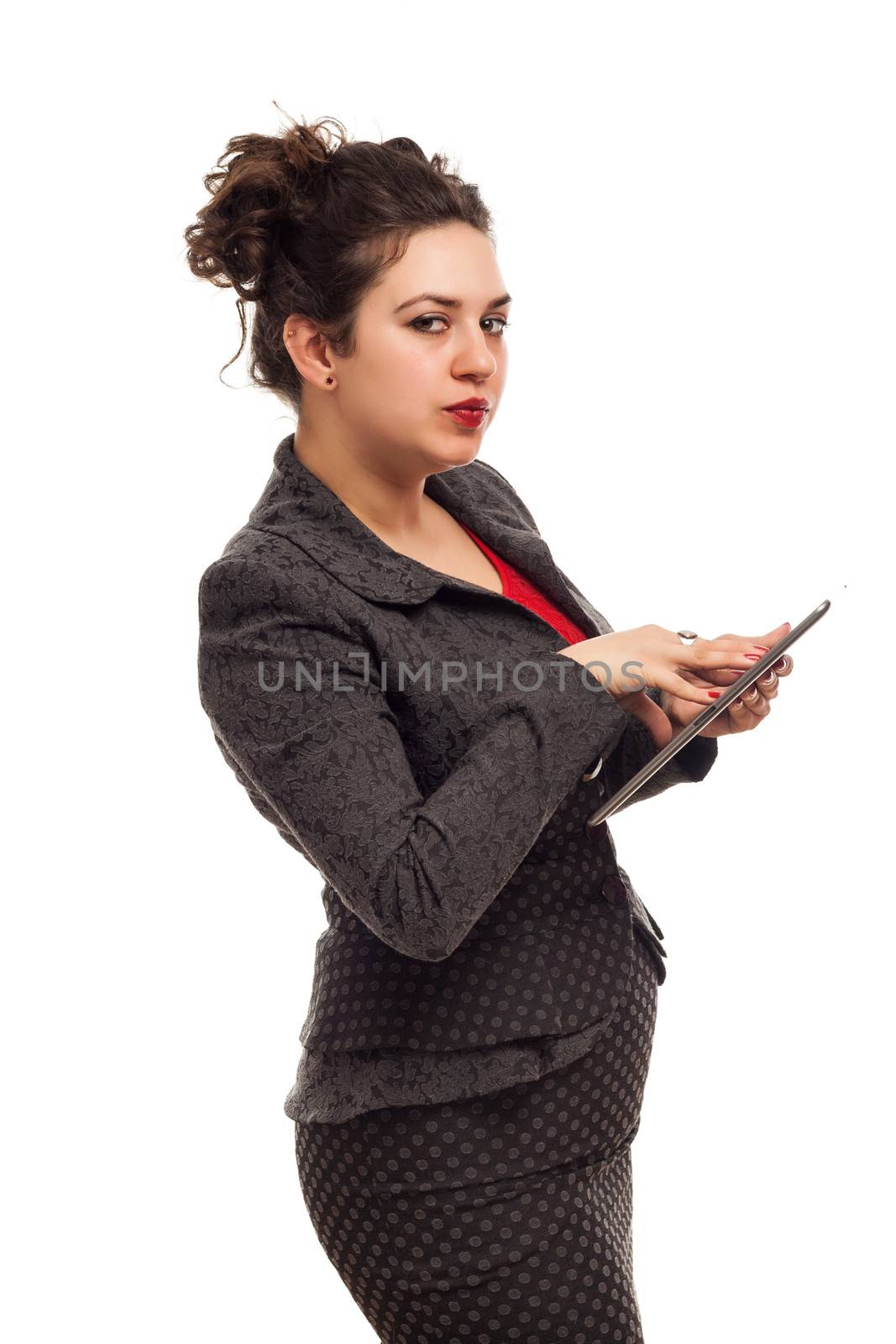 Confident business woman portrait with tablet isolated over a white background