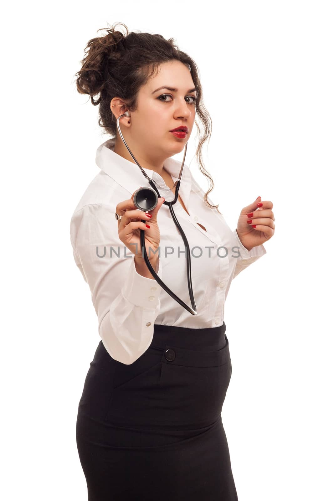 attractive lady doctor with stethoscope on white background