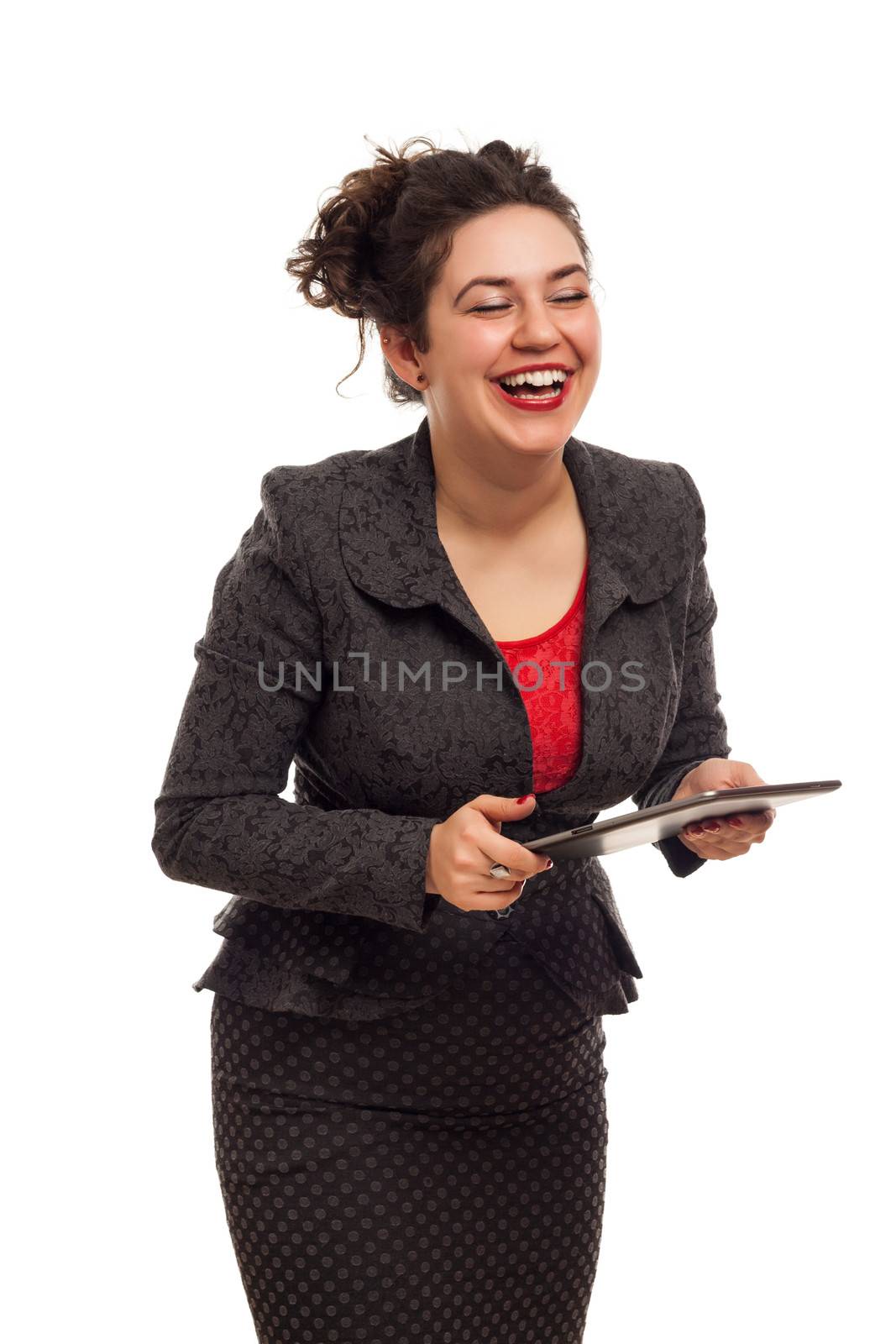 Confident business woman portrait with tablet isolated over a white background