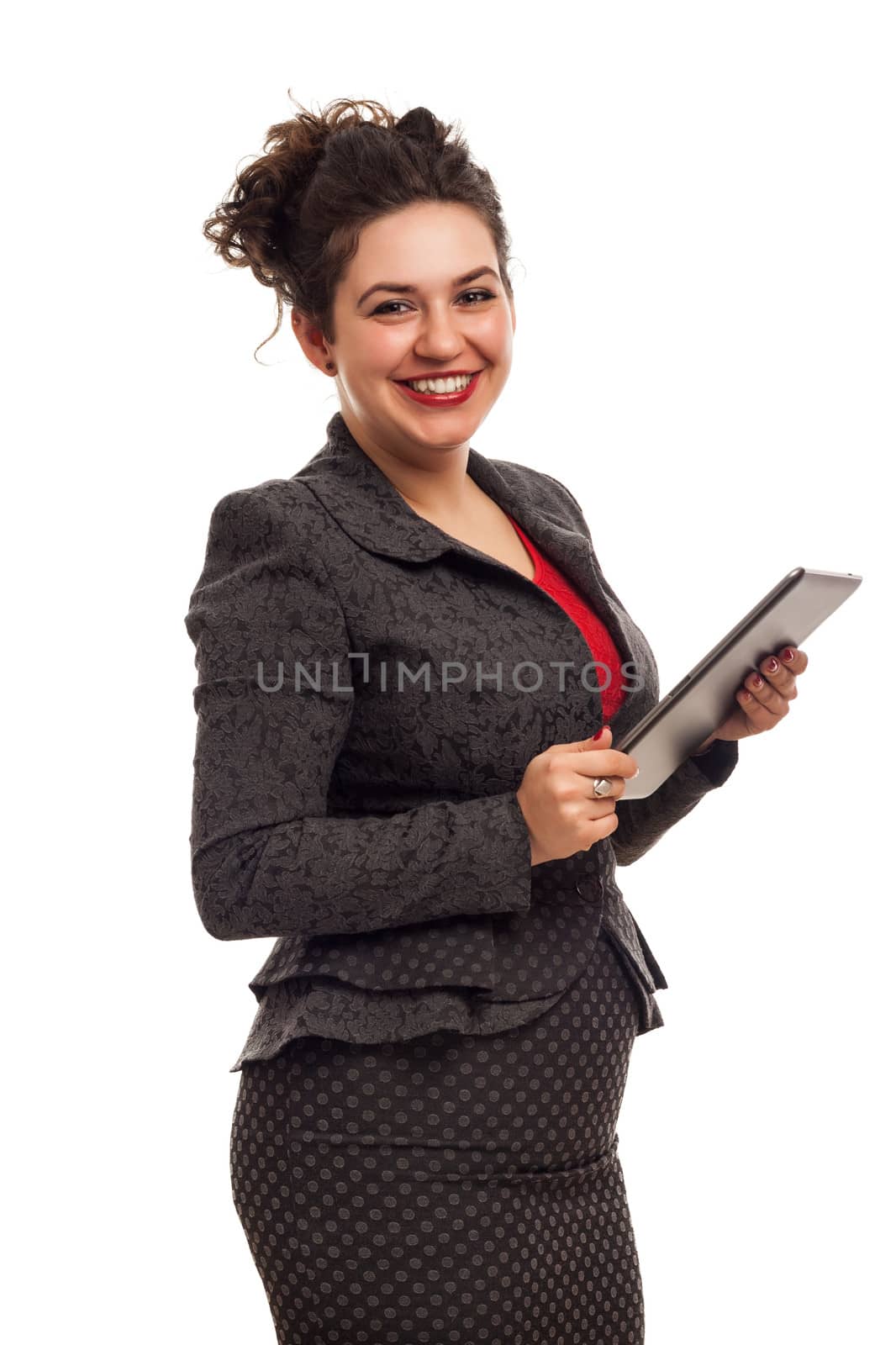 Confident business woman portrait with tablet isolated over a white background