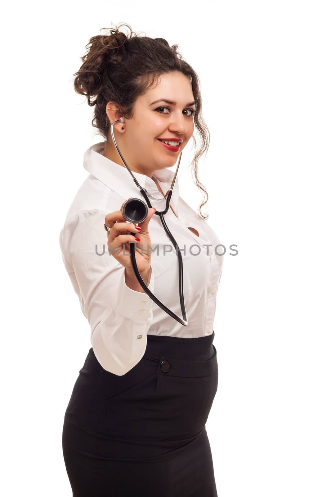 attractive lady doctor with stethoscope on white background