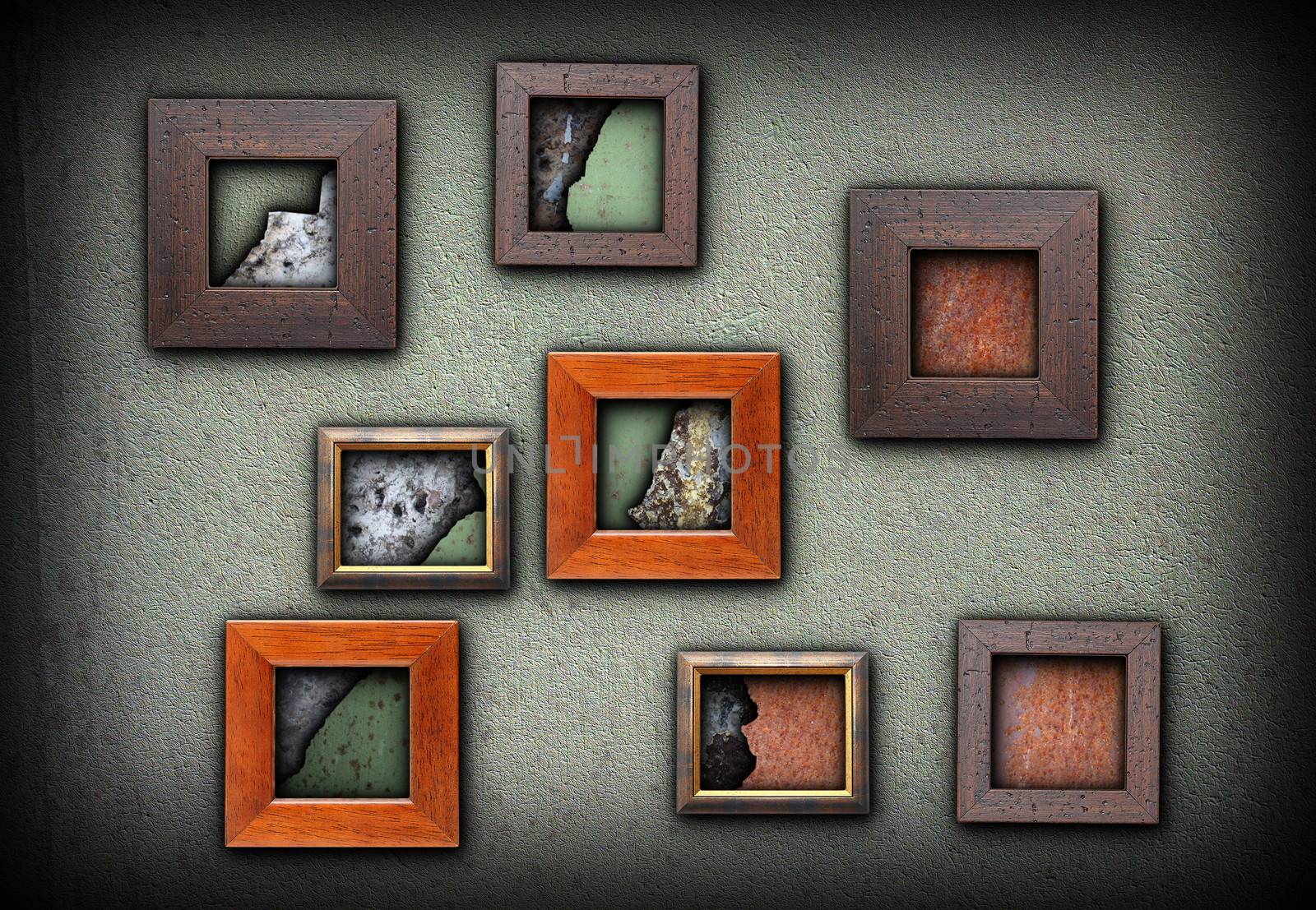 art frames with grungy rusty textures displayed inside