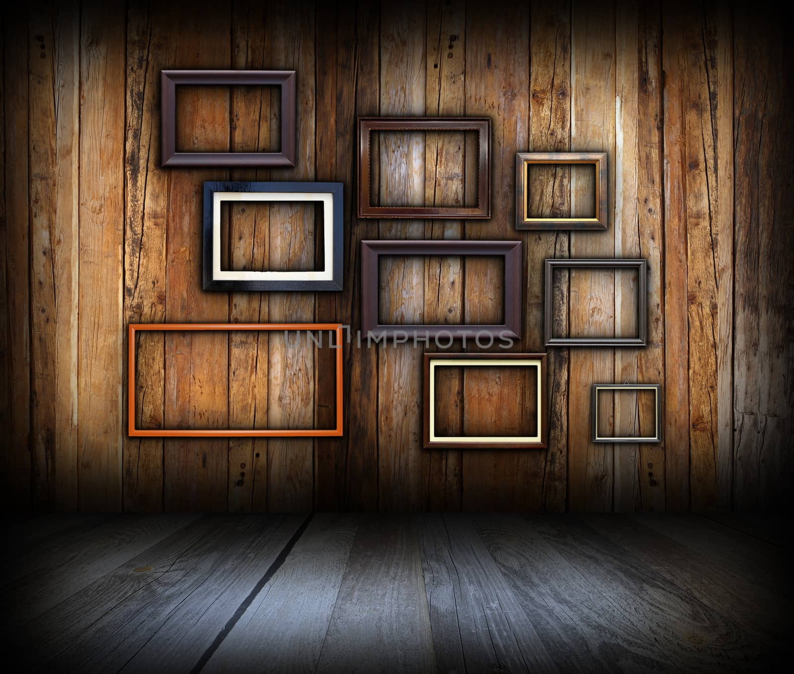 interesting art  backdrop with wooden empty frames on interior background