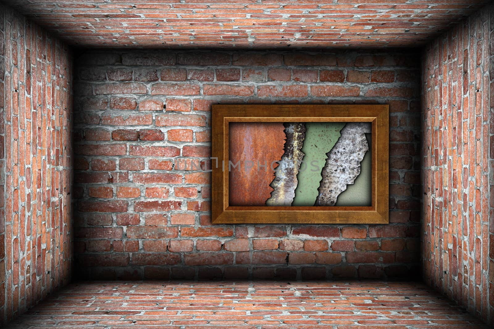 painting frame with weathered textures on grungy brick wall