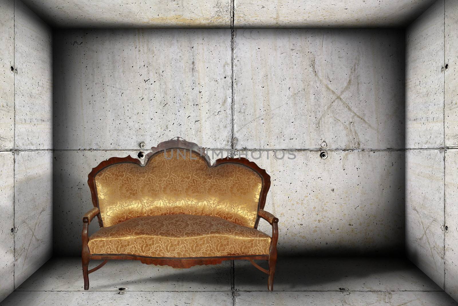 old sofa on empty concrete indoor backdrop, abstract design