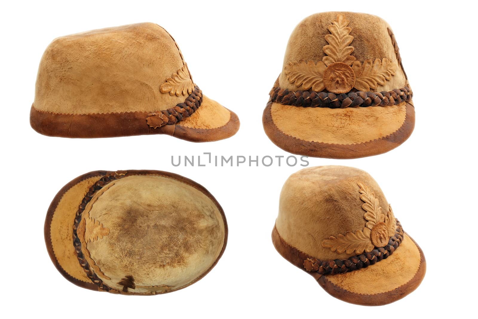traditional transylvanian hunting hat, made from timber gathered from the woods and boiled, isolation of four views on white