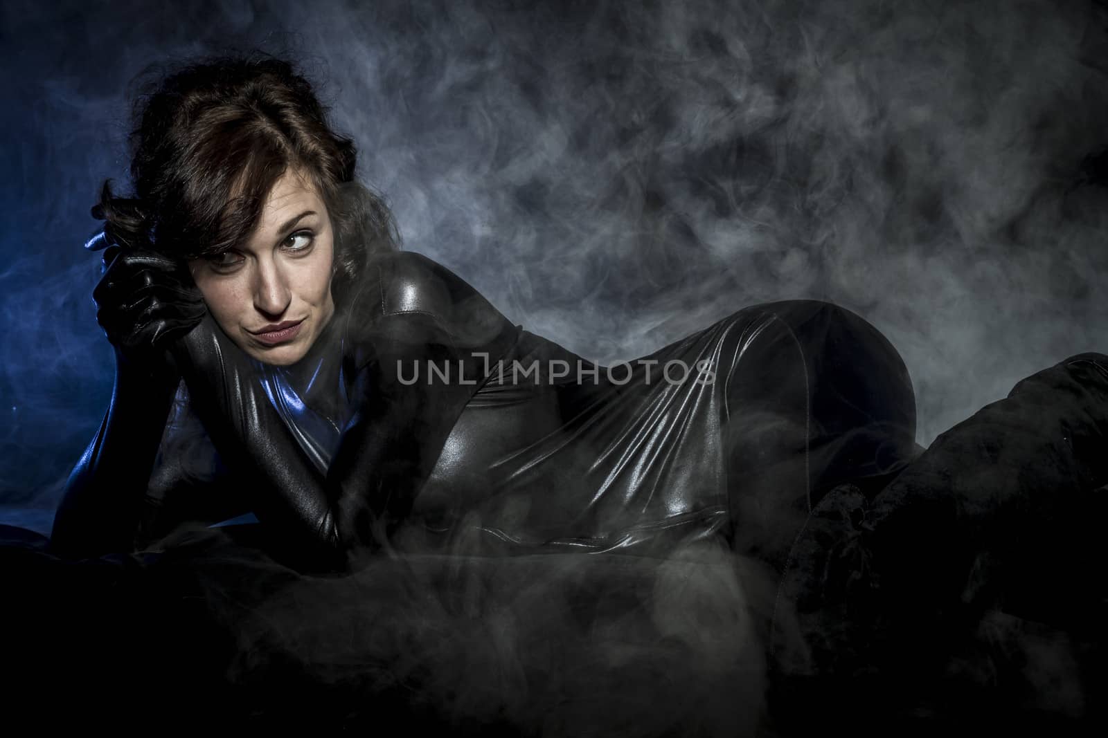 Future, Sexy brunette in black latex costume, Fashion shot of a woman in black glossy