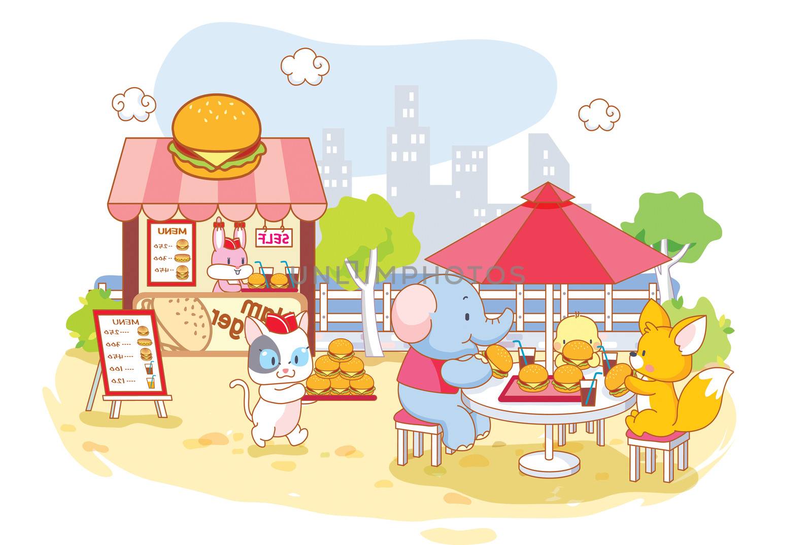 party animals cartoon elephant,cat,squirrel and chicks in summer