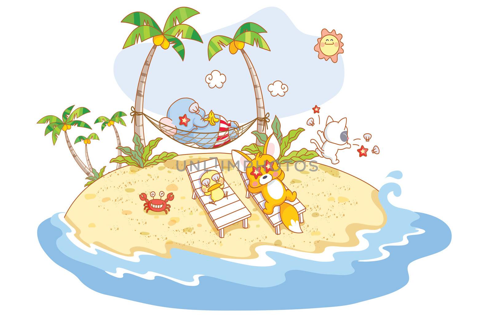 funny cartoon animals sunbathing on the beach