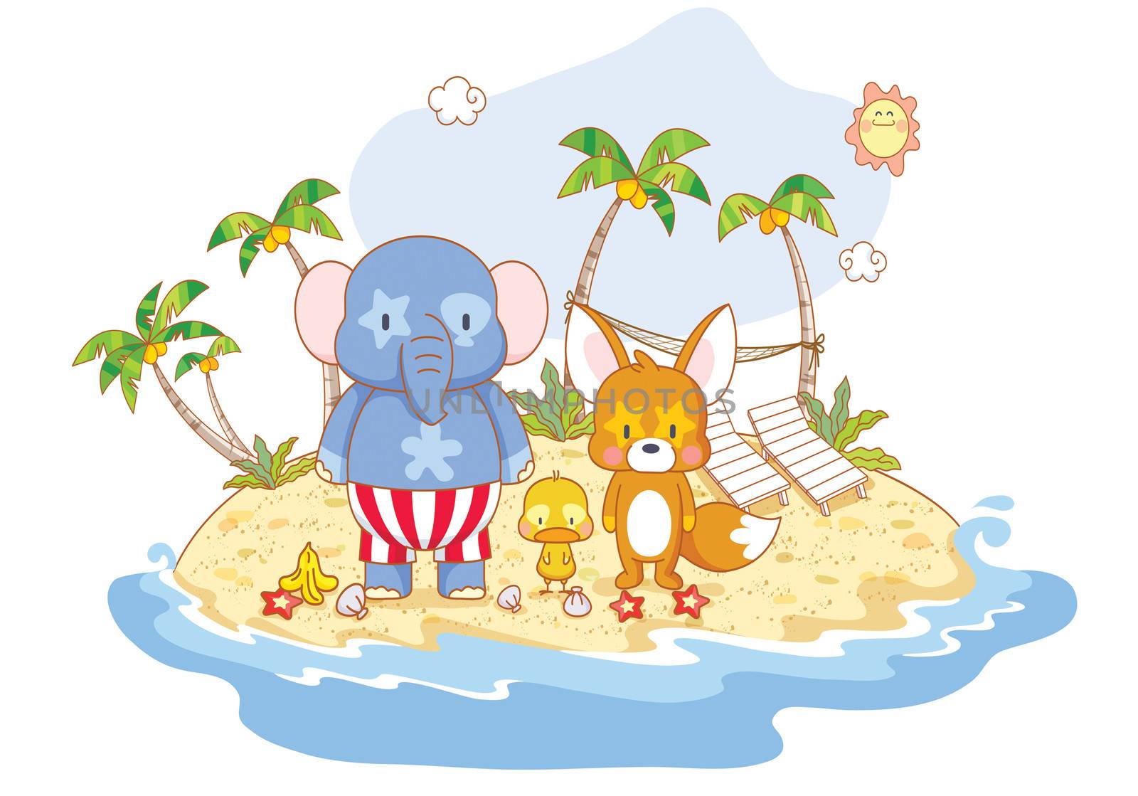 cartoon animals elephant,squirrel and chicks playing on the beach