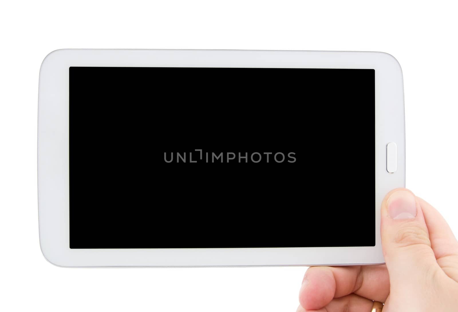 Hand holding tablet pc with empty black display. Horizontal composition