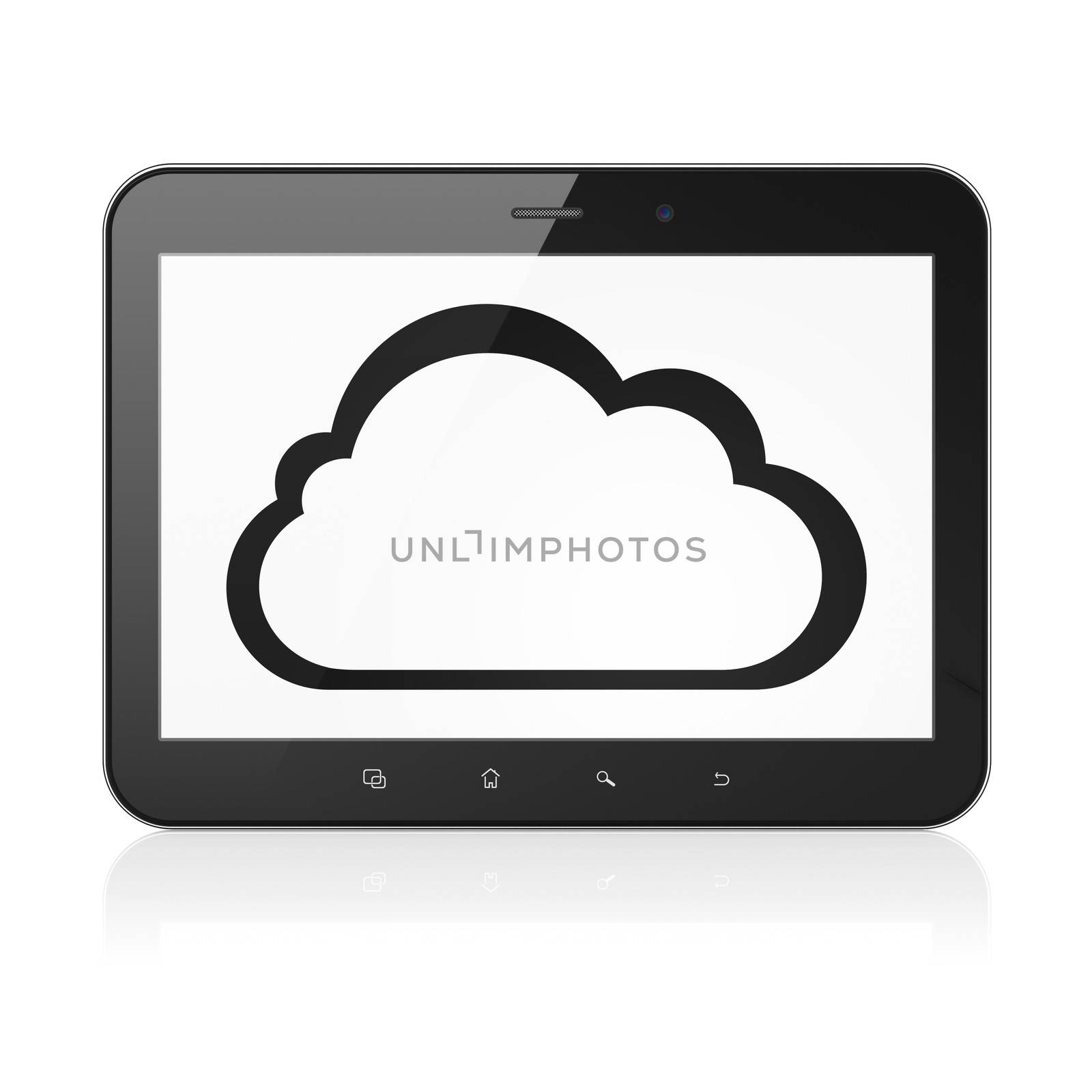 Cloud technology concept: black tablet pc computer with Cloud icon on display. Modern portable touch pad on White background, 3d render
