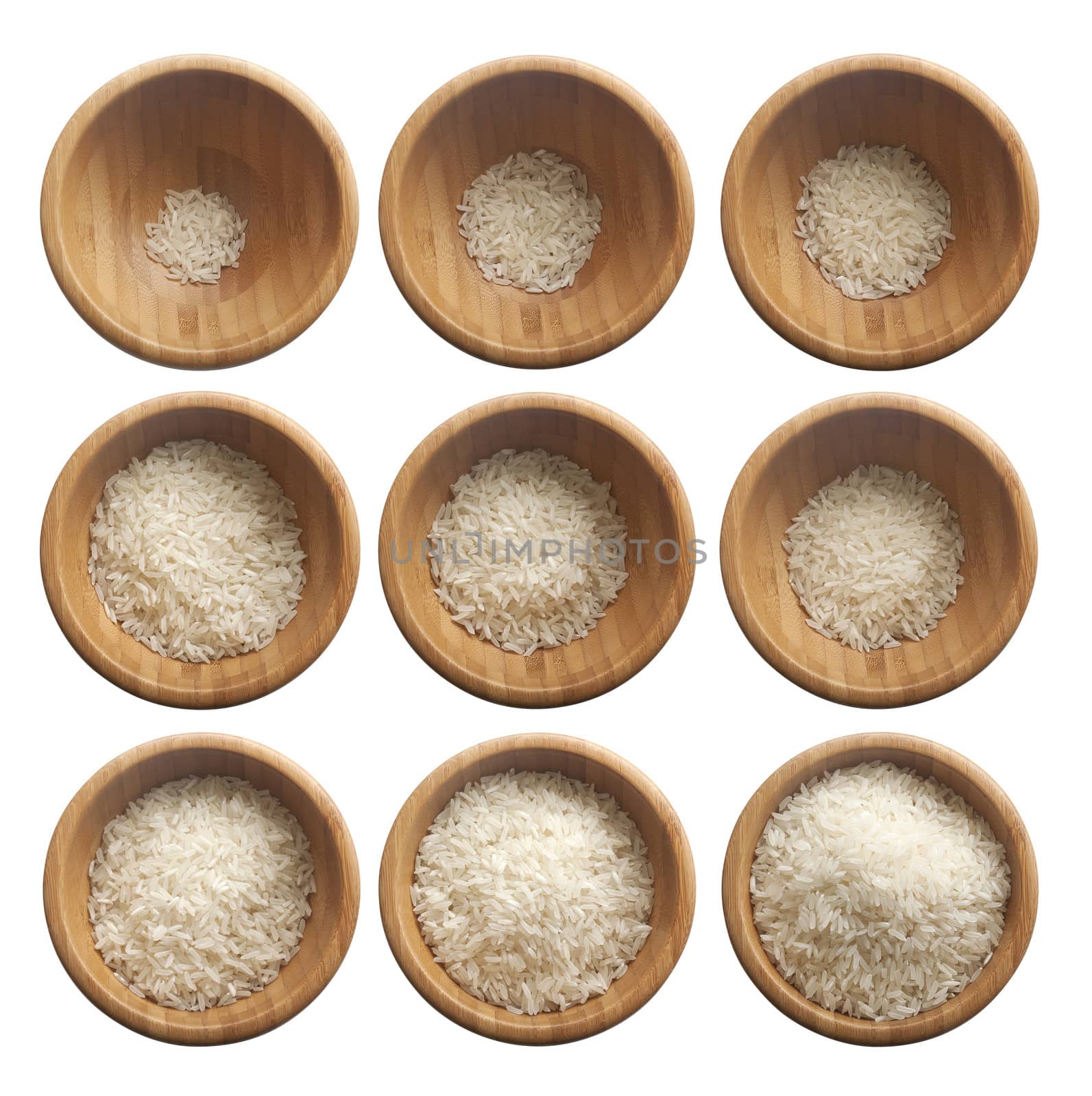 Some variants of wooden bowl with rice