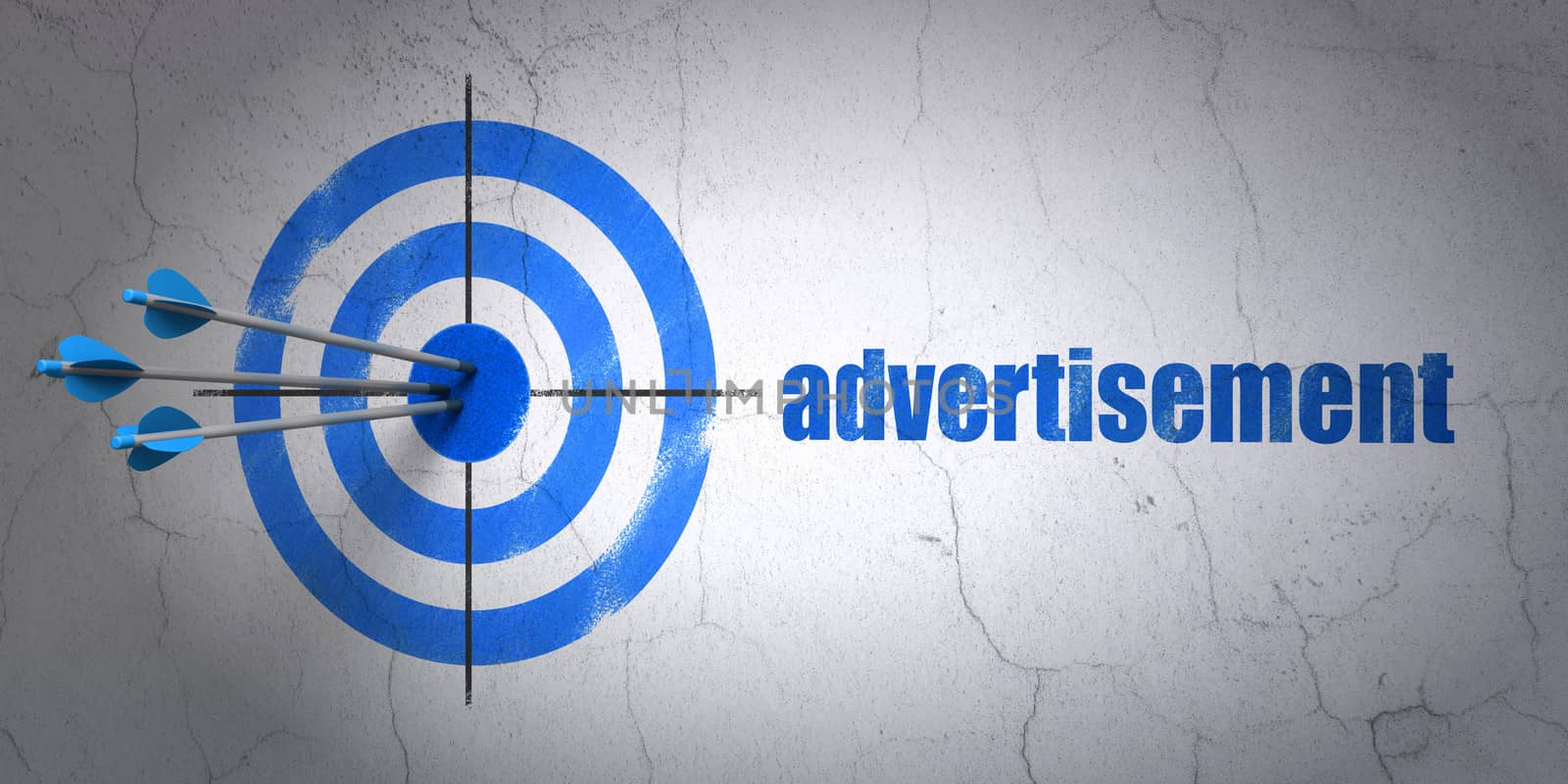 Success marketing concept: arrows hitting the center of target, Blue Advertisement on wall background, 3d render