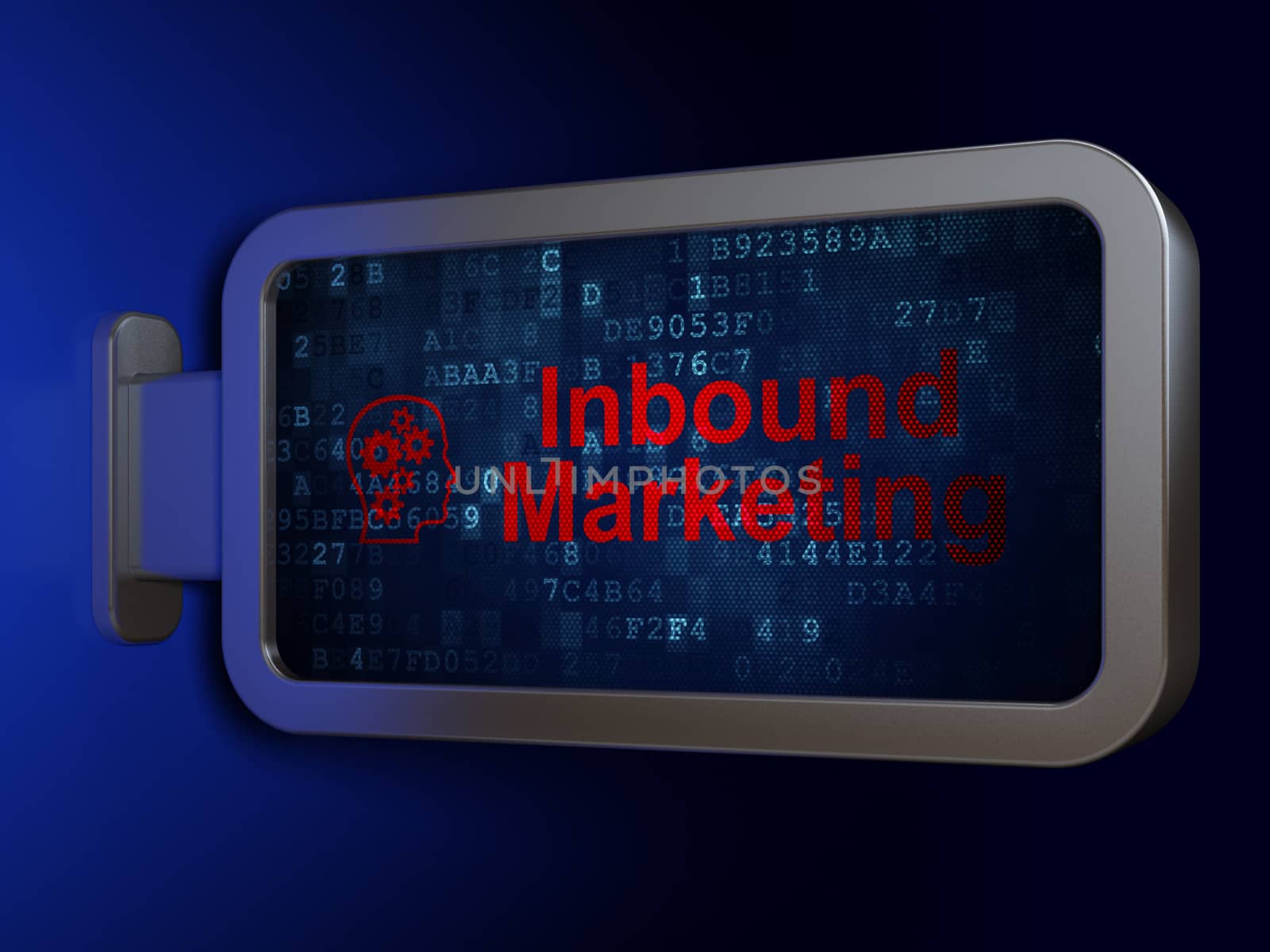Business concept: Inbound Marketing and Head With Gears on advertising billboard background, 3d render
