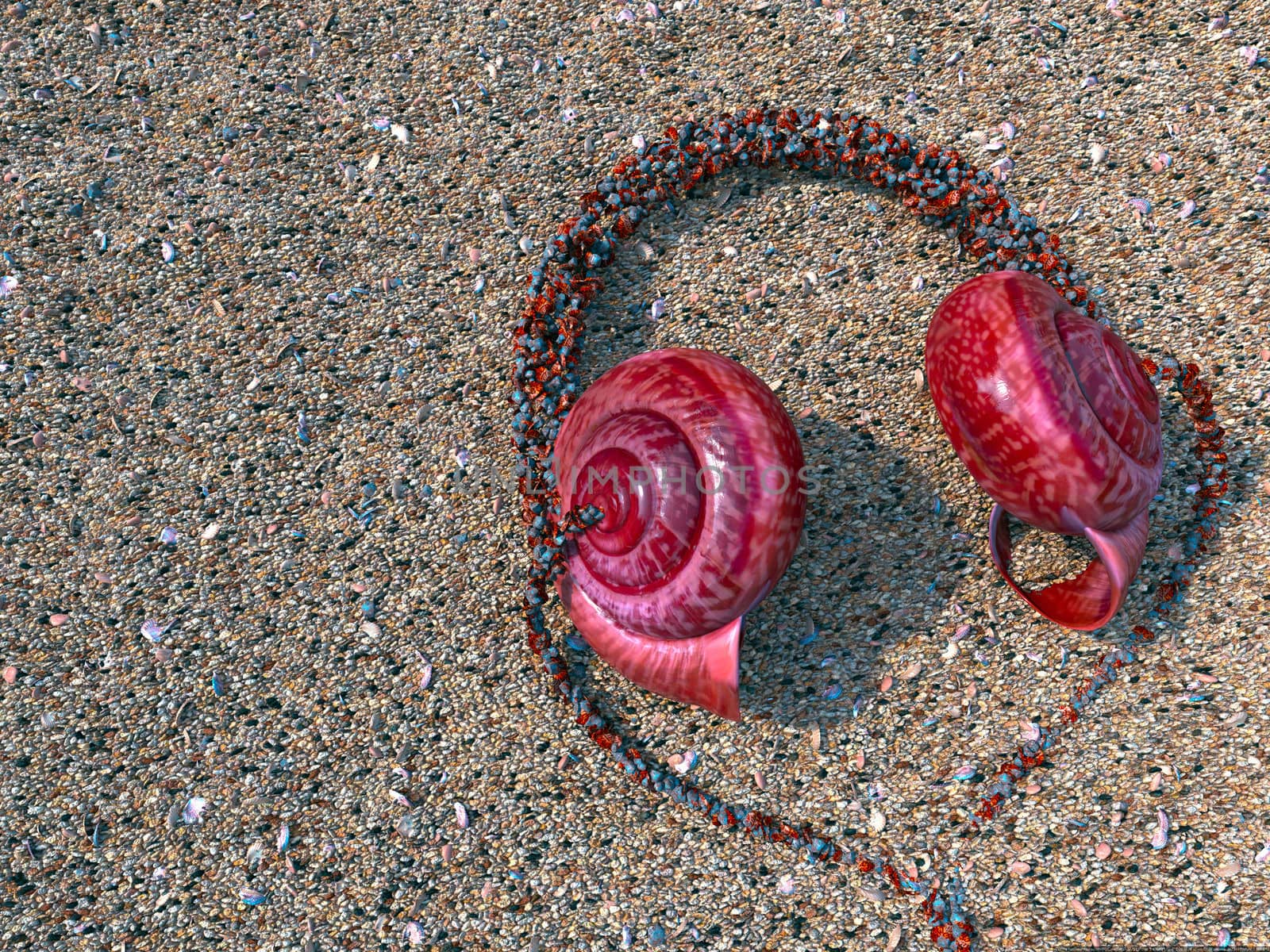 headphones from seashells on the sand as vacation tourism relaxing concept background by denisgo