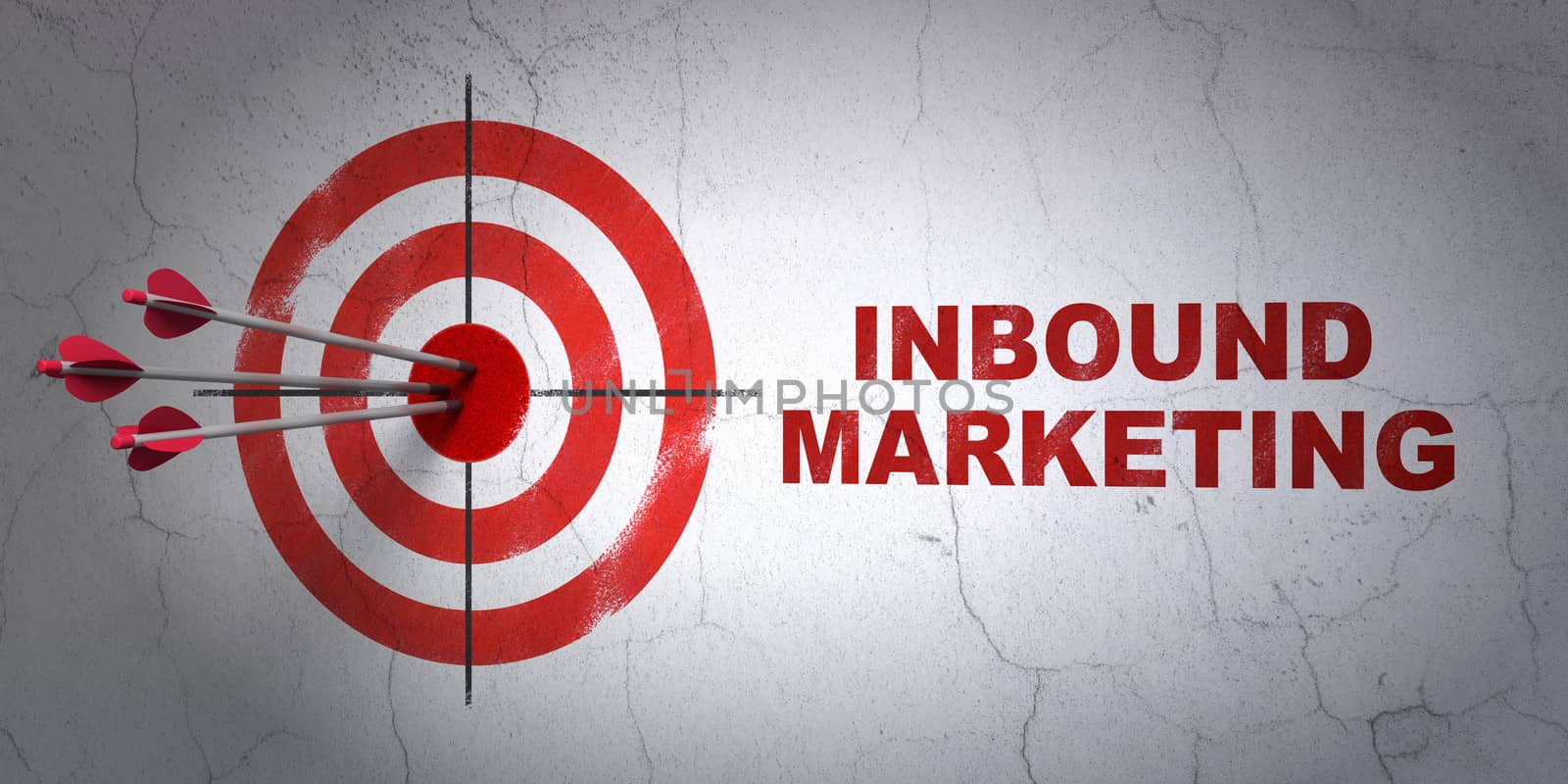 Success business concept: arrows hitting the center of target, Red Inbound Marketing on wall background, 3d render