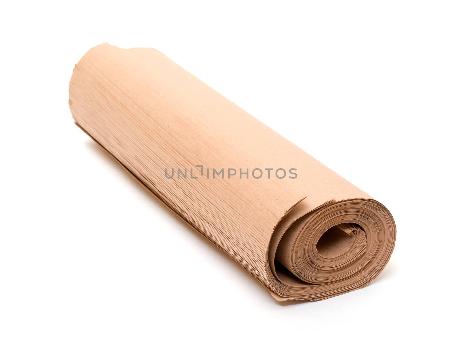 Twisted into roll brown wrapping paper on white background
