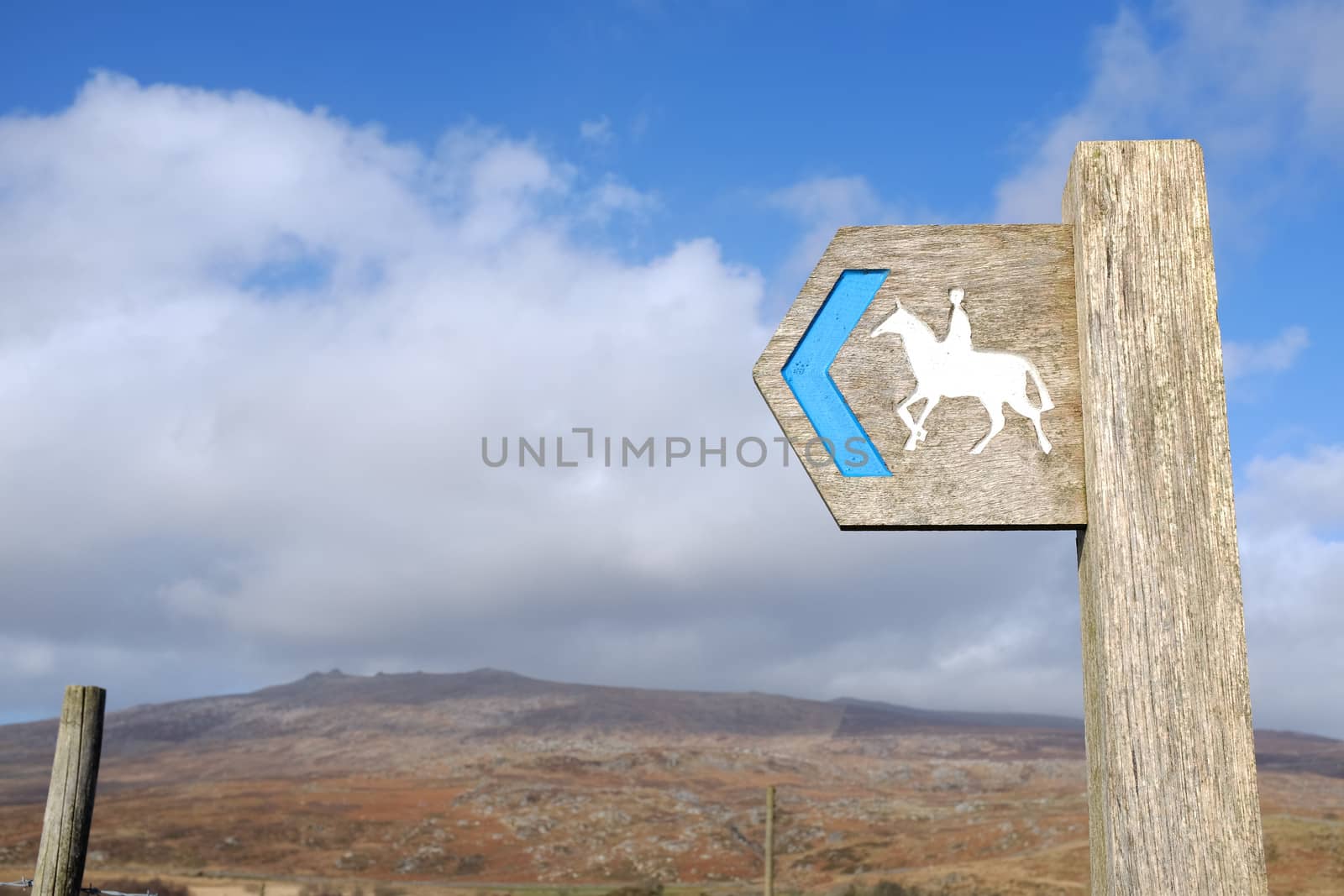 A wooden post with a directional arrow and the symbol, white painted horse and rider and blue painted direction arrow, a mountain and blue cloudy sky in the distance.